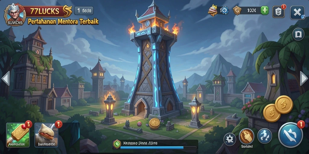 Tangkapan layar gameplay 77LUCKS yang menampilkan menara bertahan.