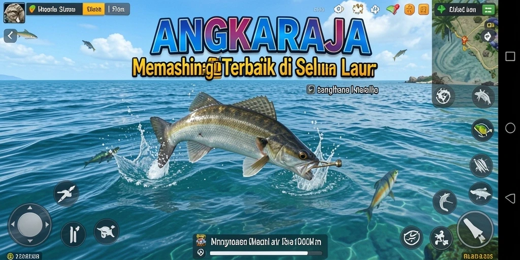 Screenshot gameplay ANGKARAJA dengan berbagai ikan dan lokasi menarik.