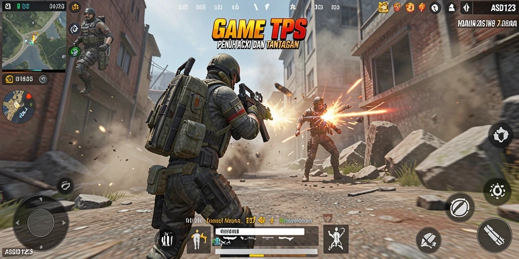 Screenshot gameplay <strong>ASD123</strong> menampilkan aksi tembak-menembak yang intens.
