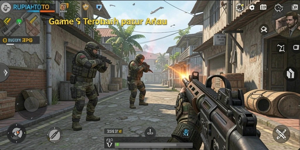 Screenshot gameplay RUPIAHTOTO dengan aksi tembak-menembak yang intens.