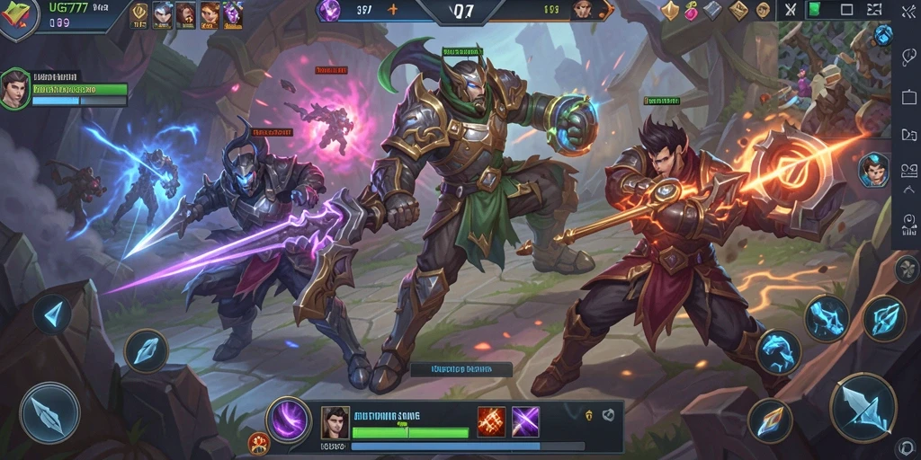 Screenshot utama UG777 menunjukkan aksi pertempuran yang mendebarkan dalam gameplay MOBA.